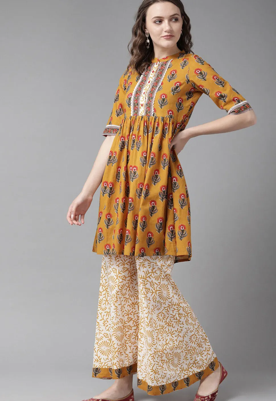 Printed Pure Cotton Pakistani Suit in Mustard