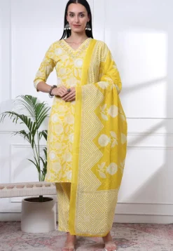 Printed Pure Cotton Pakistani Suit in Yellow