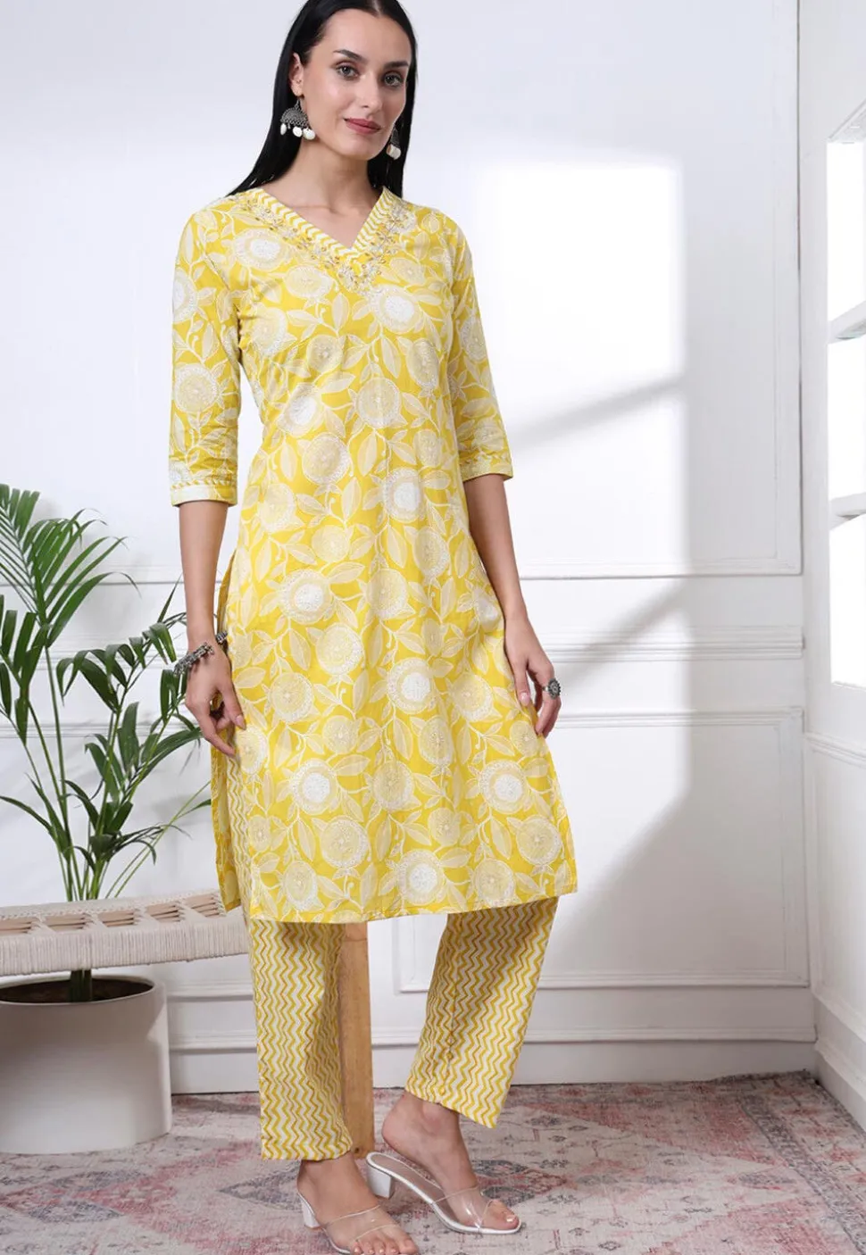 Printed Pure Cotton Pakistani Suit in Yellow