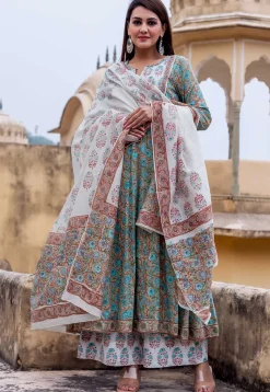 Printed Pure Cotton Pakistani Suit in Peach and Blue