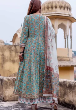 Printed Pure Cotton Pakistani Suit in Peach and Blue