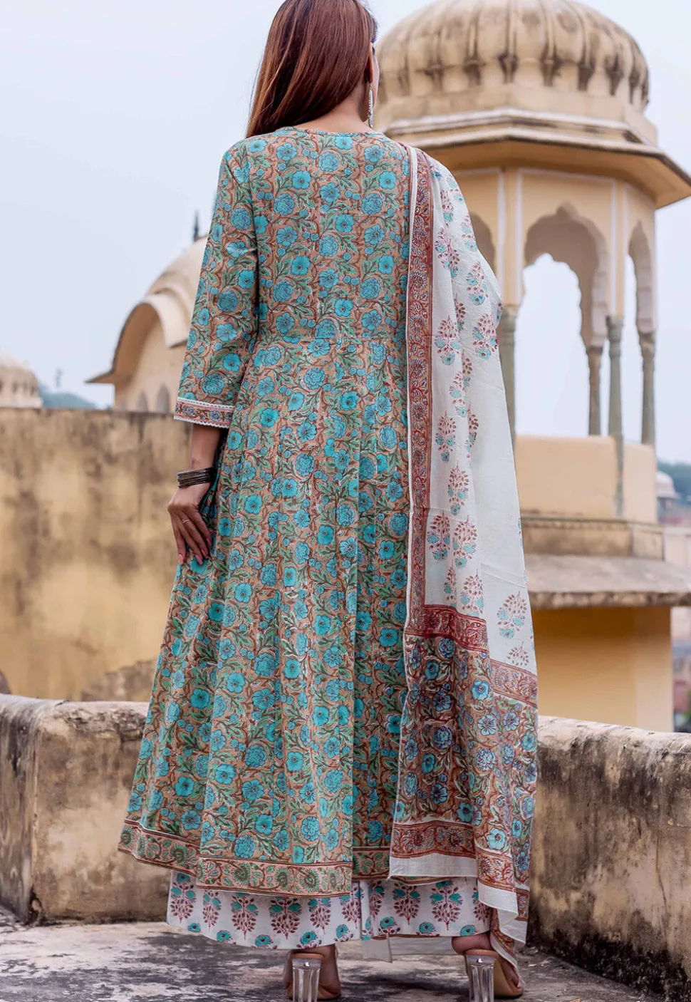 Printed Pure Cotton Pakistani Suit in Peach and Blue