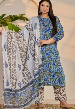 Printed Pure Cotton Pakistani Suit in Light Green and Blue