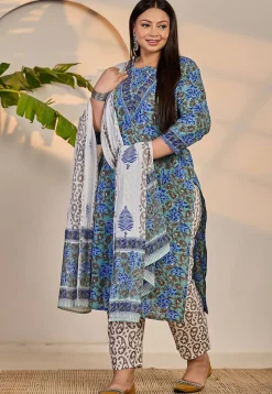 Printed Pure Cotton Pakistani Suit in Light Green and Blue