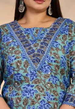 Printed Pure Cotton Pakistani Suit in Light Green and Blue