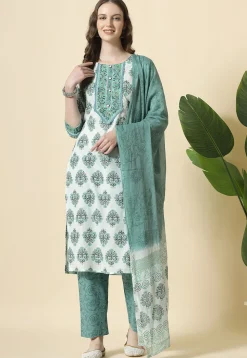 Printed Pure Cotton Pakistani Suit in White