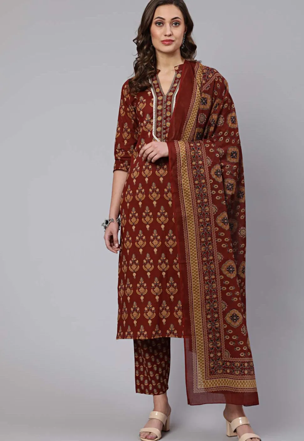 Printed Pure Cotton Pakistani Suit in Brown