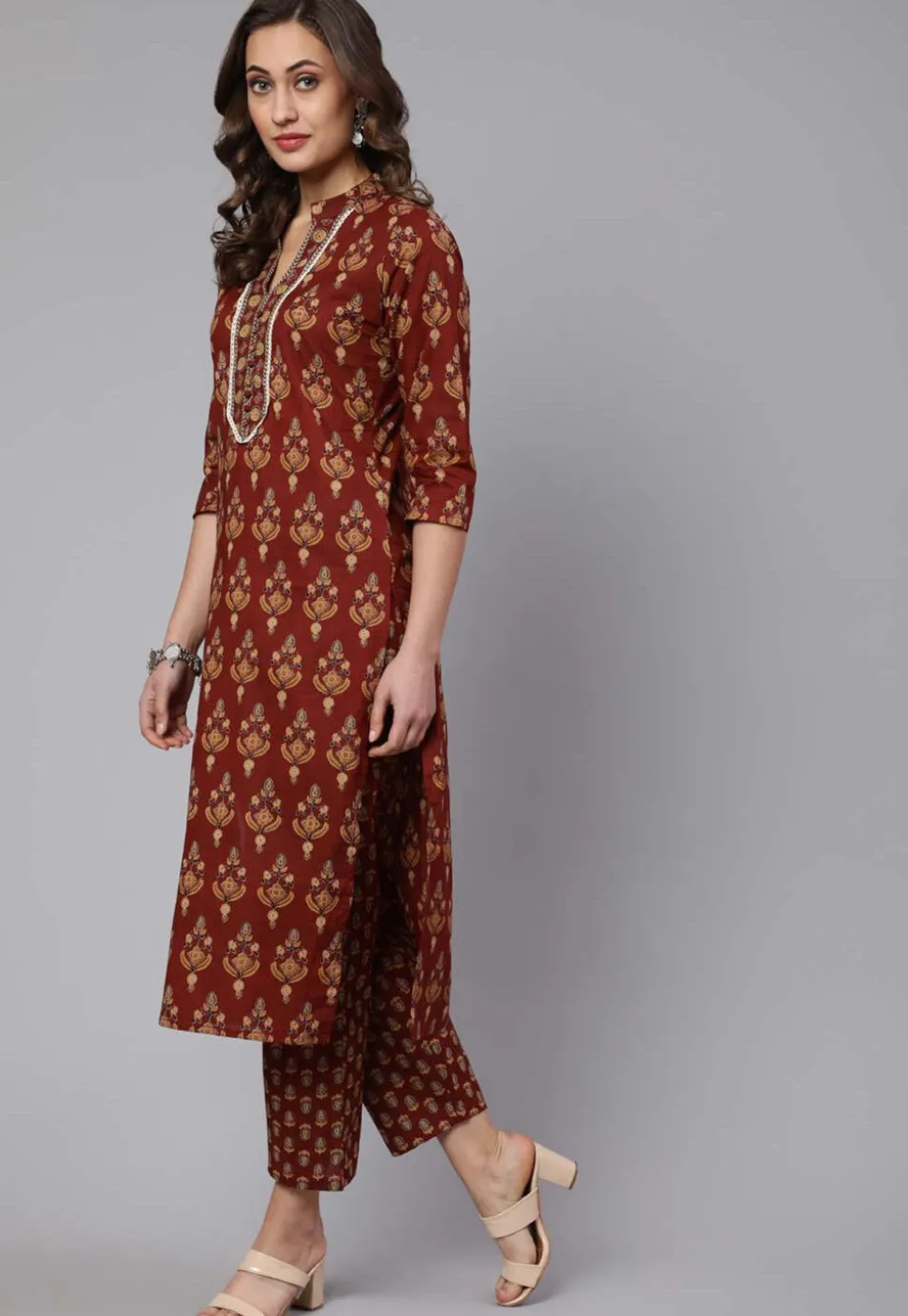 Printed Pure Cotton Pakistani Suit in Brown