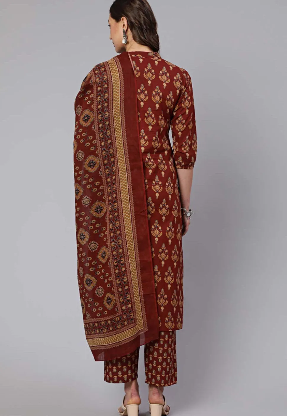 Printed Pure Cotton Pakistani Suit in Brown