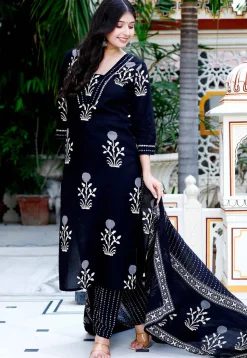 Printed Pure Cotton Pakistani Suit in Black