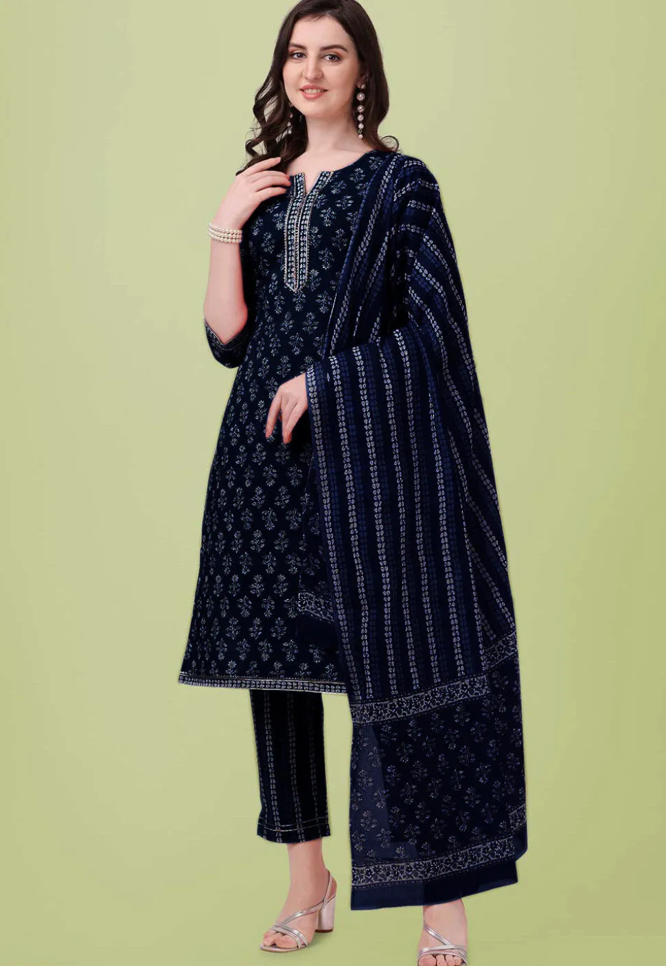 Printed Pure Cotton Pakistani Suit in Navy Blue