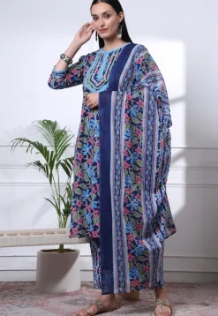 Printed Pure Cotton Pakistani Suit in Navy Blue