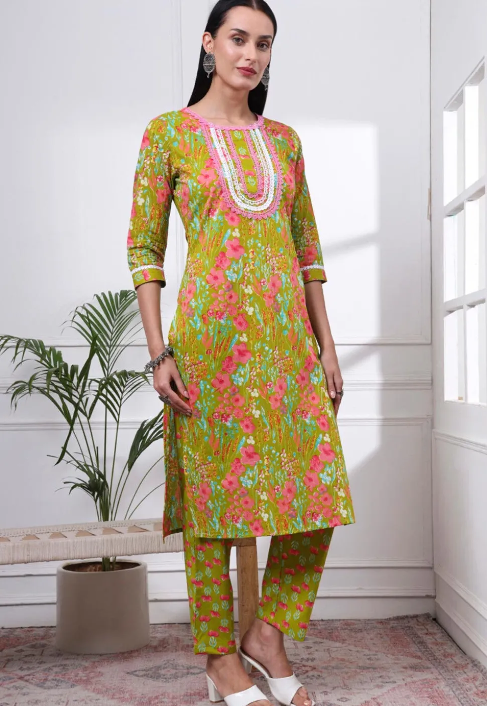 Printed Pure Cotton Pakistani Suit in Green
