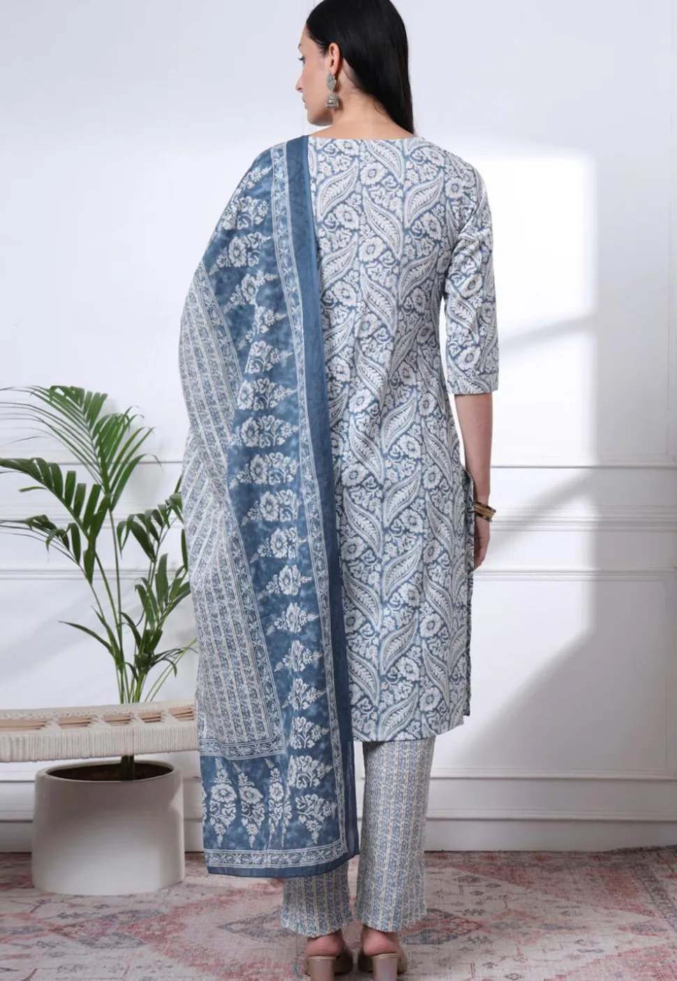Printed Pure Cotton Pakistani Suit in Dusty Blue