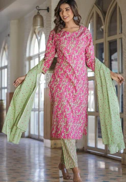 Printed Pure Cotton Pakistani Suit in Green and Pink