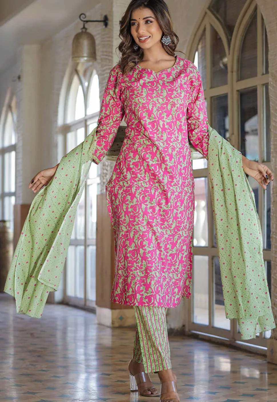 Printed Pure Cotton Pakistani Suit in Green and Pink