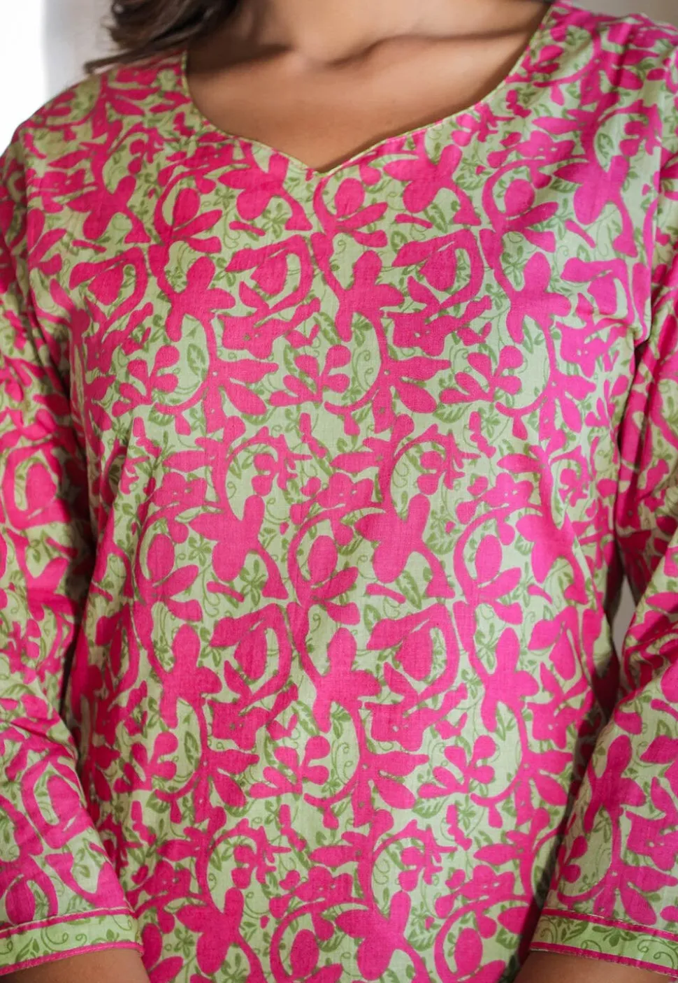 Printed Pure Cotton Pakistani Suit in Green and Pink