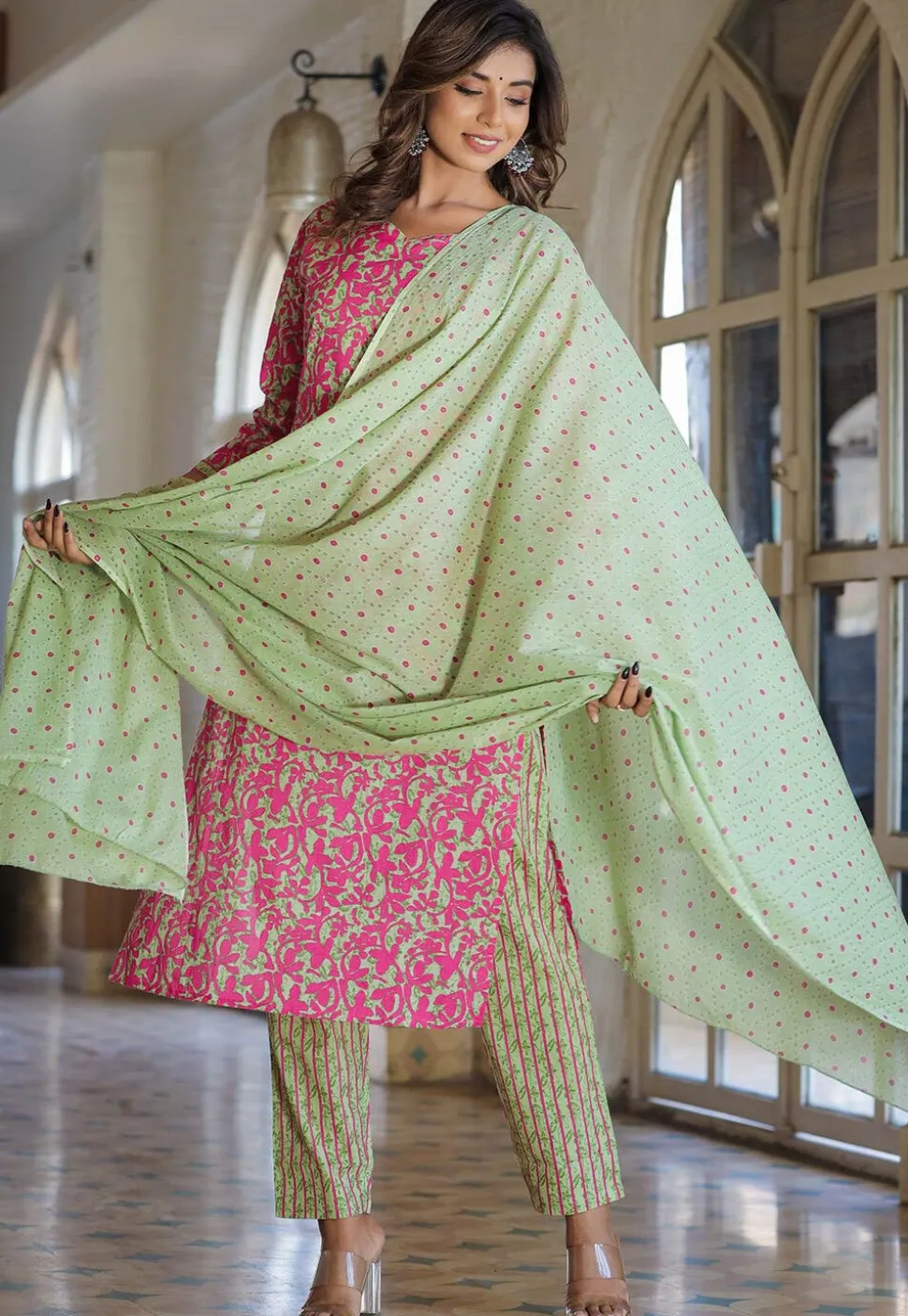 Printed Pure Cotton Pakistani Suit in Green and Pink