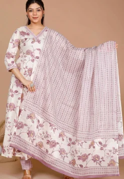 Printed Pure Cotton Pakistani Suit in Off White