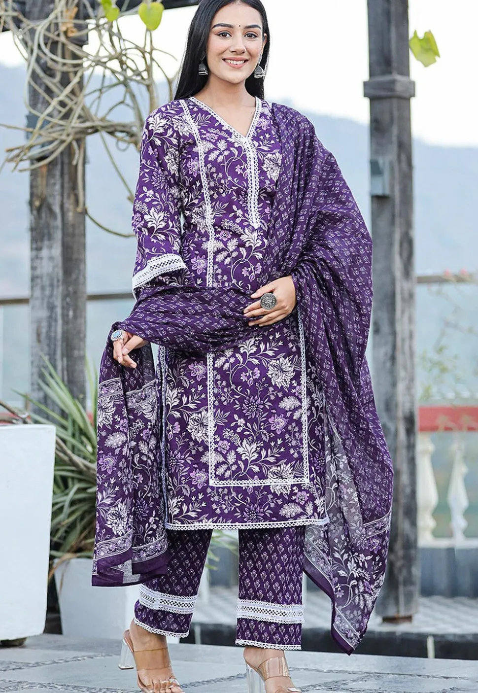 Printed Pure Cotton Pakistani Suit in Purple