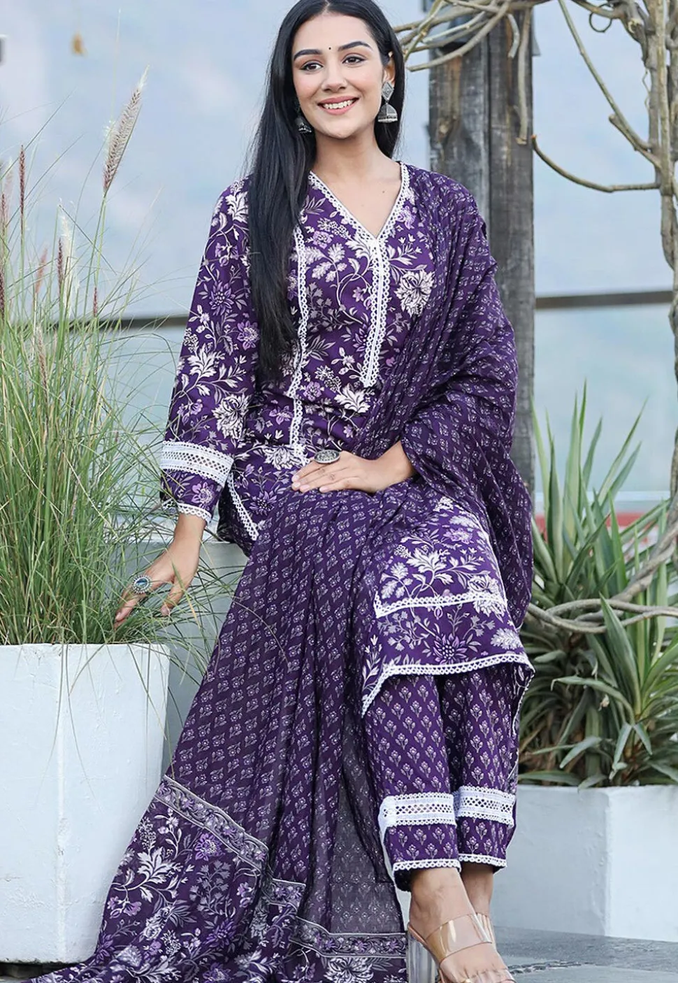 Printed Pure Cotton Pakistani Suit in Purple