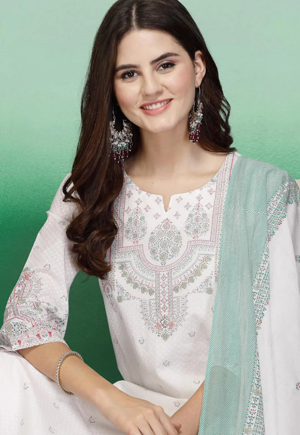 Printed Pure Cotton Pakistani Suit in Off White