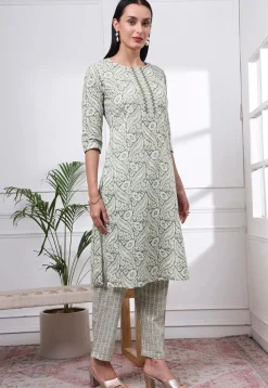Printed Pure Cotton Pakistani Suit in Dusty Green