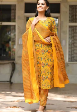 Printed Pure Cotton Pakistani Suit in Mustard