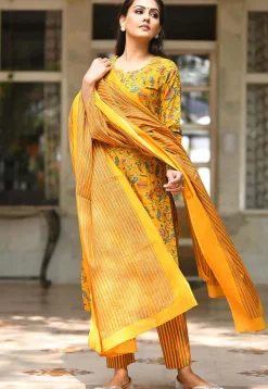 Printed Pure Cotton Pakistani Suit in Mustard