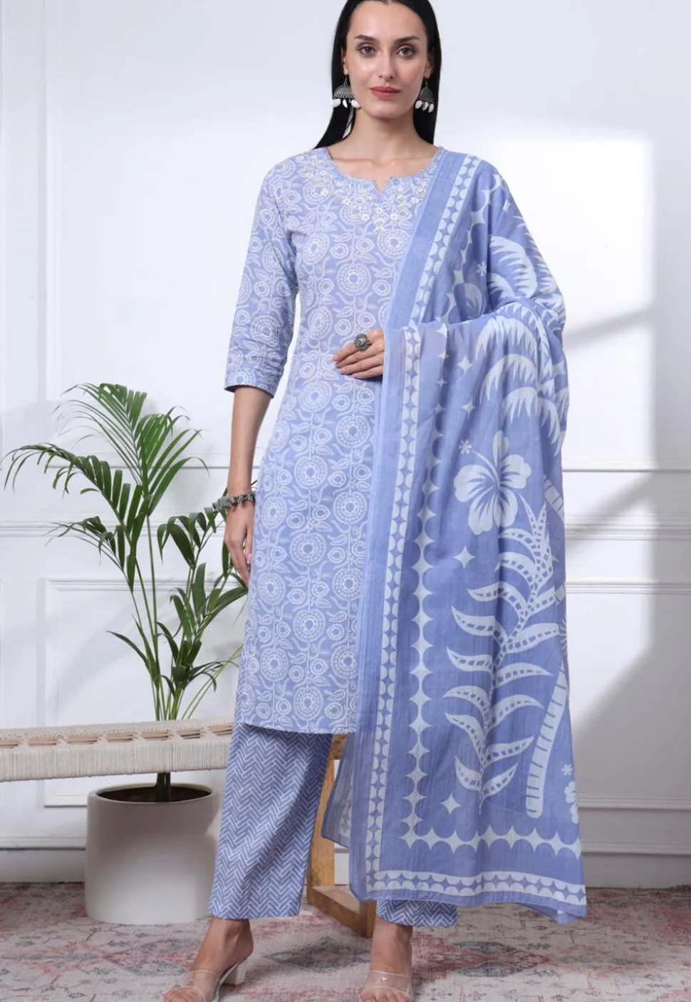Printed Pure Cotton Pakistani Suit in Sky Blue