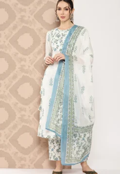 Printed Pure Cotton Pakistani Suit in White