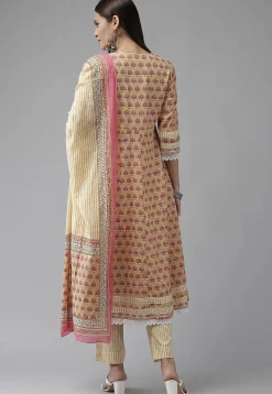 Printed Pure Cotton Pakistani Suit in Light Yellow