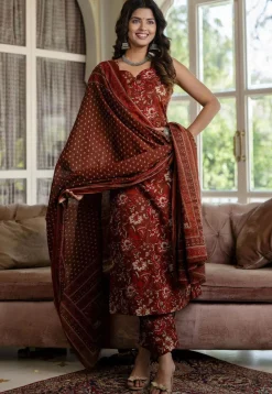 Printed Pure Cotton Pakistani Suit in Brown