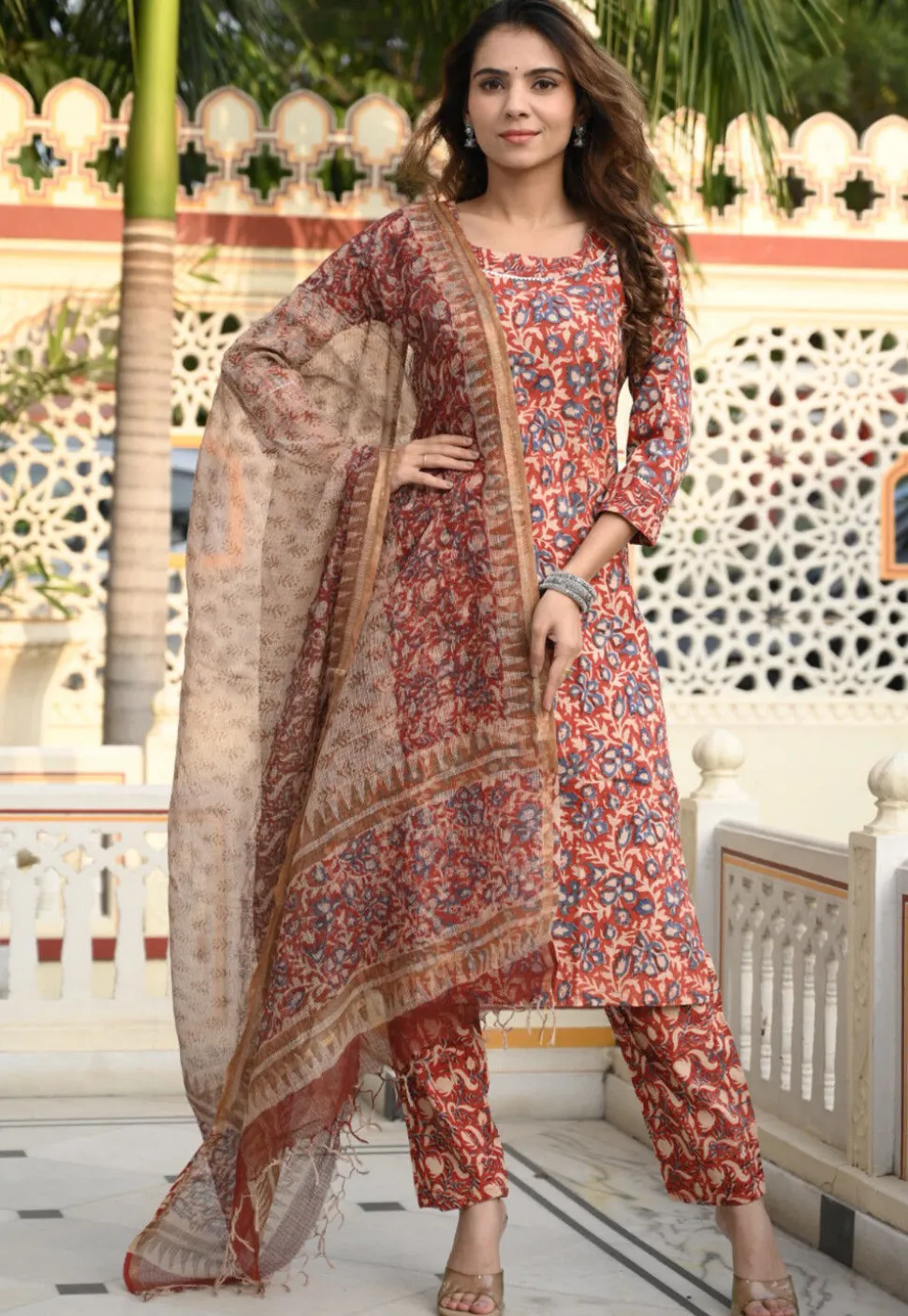 Printed Pure Cotton Pakistani Suit in Rust