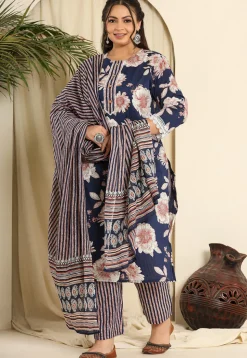 Printed Pure Cotton Pakistani Suit in Navy Blue