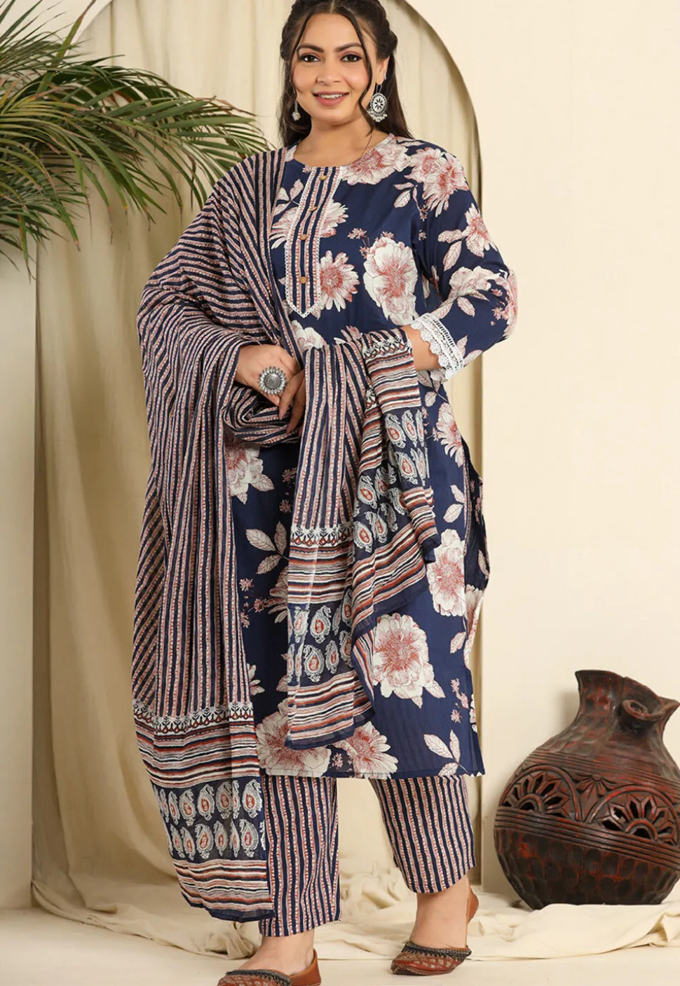 Printed Pure Cotton Pakistani Suit in Navy Blue