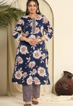Printed Pure Cotton Pakistani Suit in Navy Blue