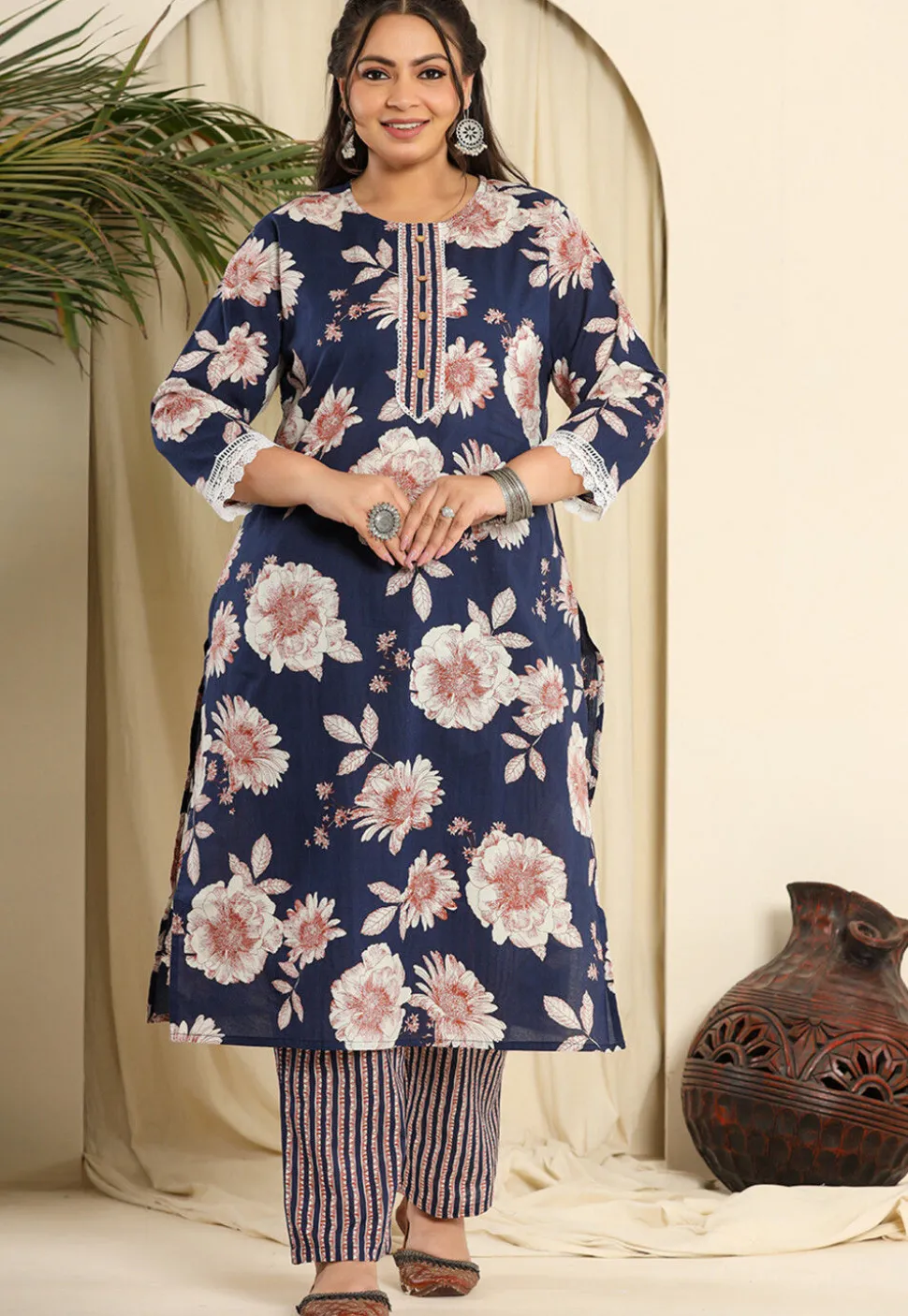 Printed Pure Cotton Pakistani Suit in Navy Blue