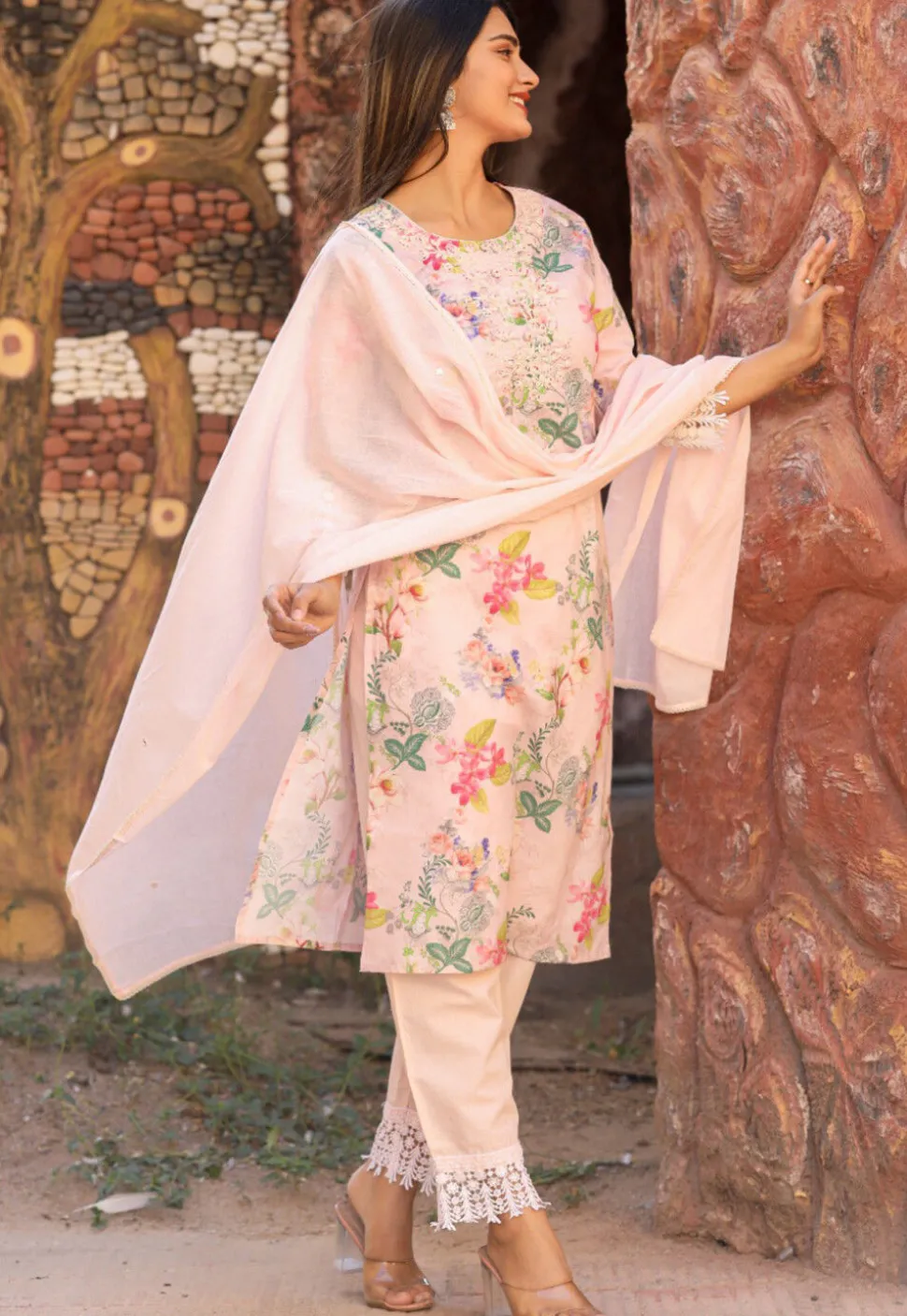 Printed Pure Cotton Pakistani Suit in Peach
