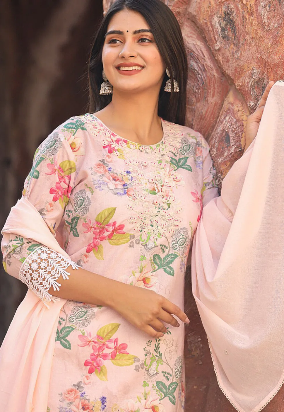 Printed Pure Cotton Pakistani Suit in Peach