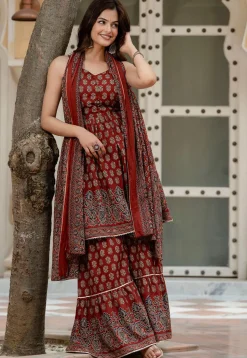 Printed Pure Cotton Pakistani Suit in Maroon