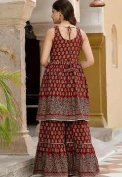 Printed Pure Cotton Pakistani Suit in Maroon