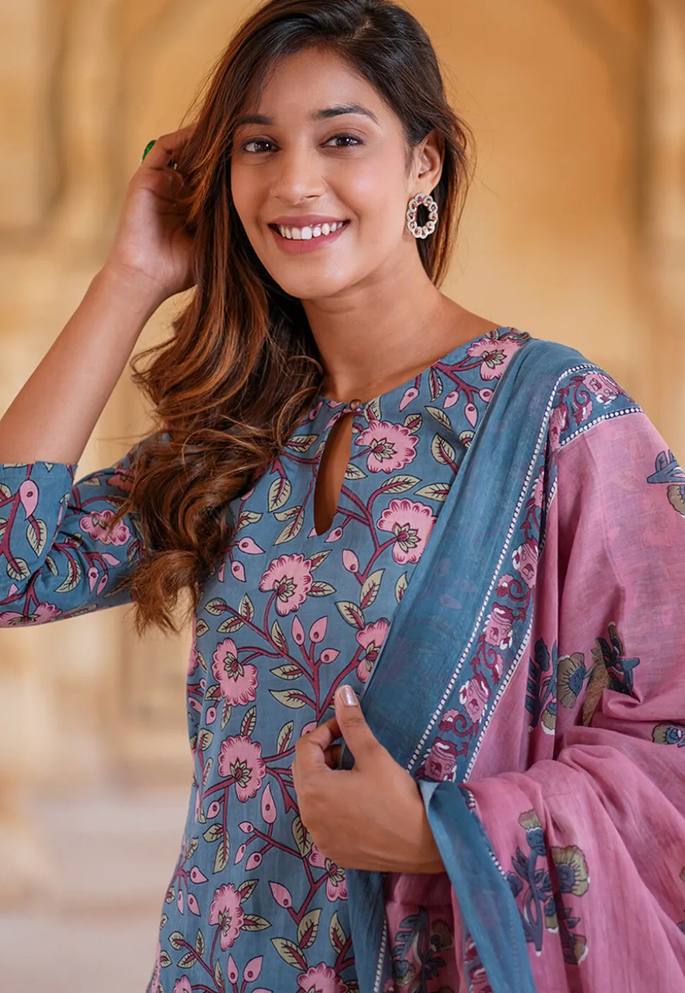 Printed Pure Cotton Pakistani Suit in Blue