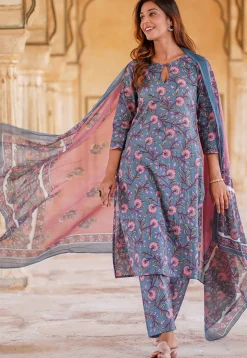 Printed Pure Cotton Pakistani Suit in Blue