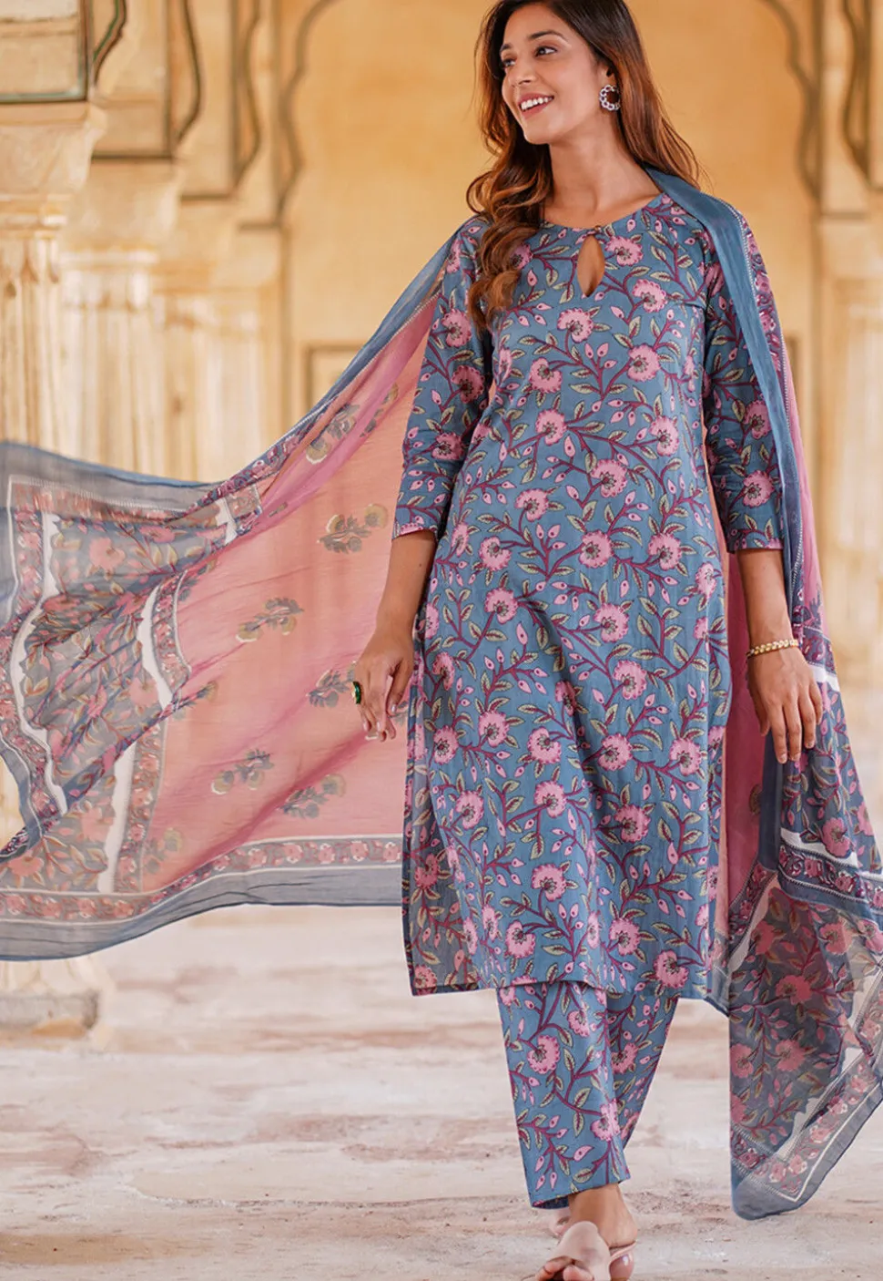 Printed Pure Cotton Pakistani Suit in Blue