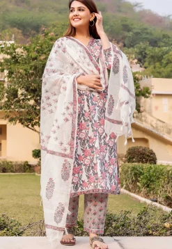 Printed Pure Cotton Pakistani Suit in White