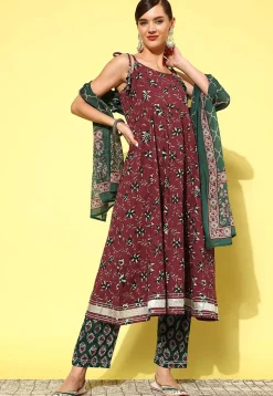 Printed Pure Cotton Pakistani Suit in Maroon