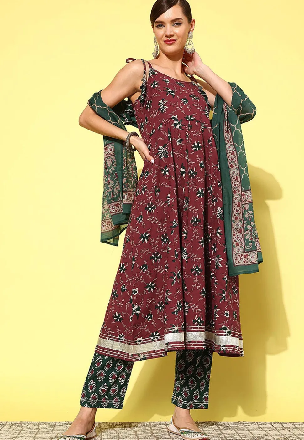 Printed Pure Cotton Pakistani Suit in Maroon