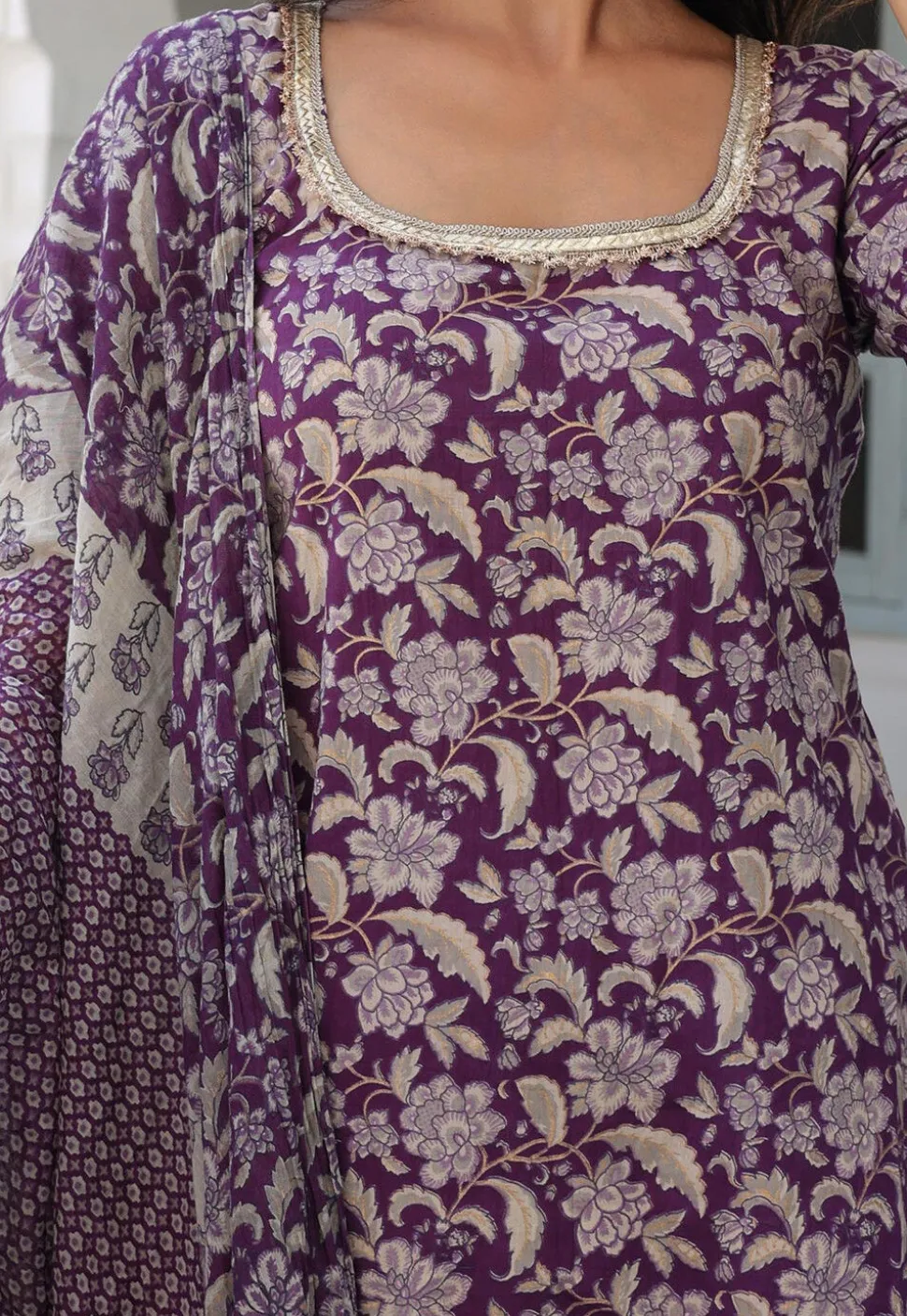 Printed Pure Cotton Pakistani Suit in Purple