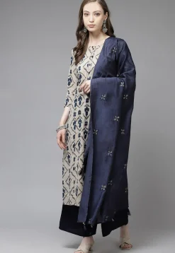 Printed Pure Cotton Pakistani Suit in Light Beige